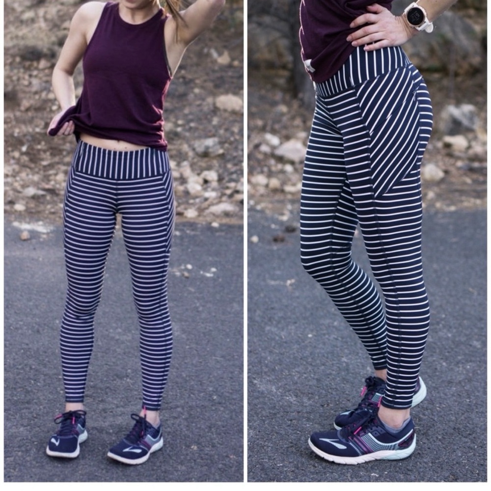 Athleta Contender Navy and White Striped Leggings